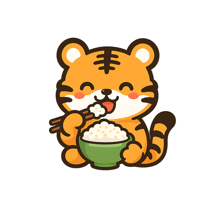 Tiggy the tiger happily eating a bowl of rice